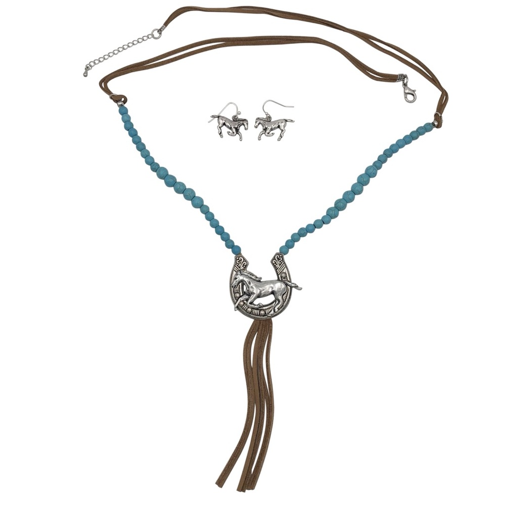 Lucky Horseshoe Horse Turquoise Stone Necklace Set